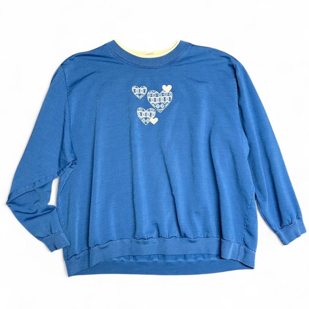 Vintage Blair Sweatshirt 3X Blue Embroidered Hearts Double Collar Grandmacore